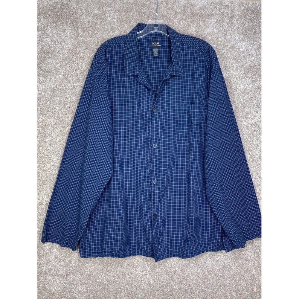Polo Ralph Lauren Grid Check Sleepwear Shirt Men XL Navy Blue Cotton Long Sleeve